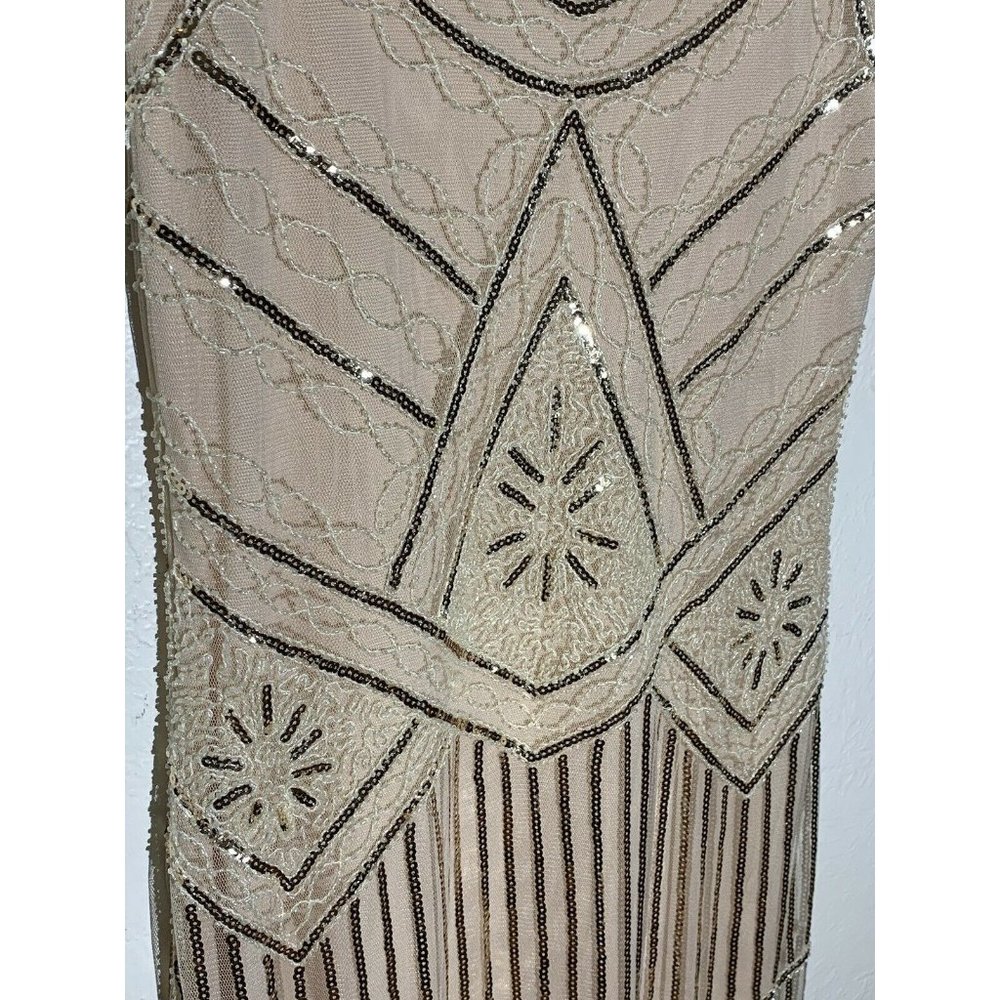 Womens Flapper Dress M Sequin Beige Beaded Sleeveless Back Zip Bottom Fringe - Picture 4 of 6